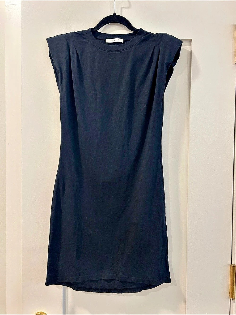 FRAME Padded Shoulder Dress Black Cotton Mini Dress, Small